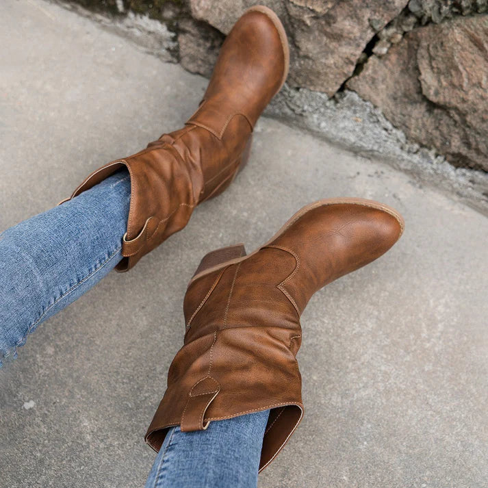 Pu-leder rutschfest frauen niedrige ferse cowboystiefel - abrela