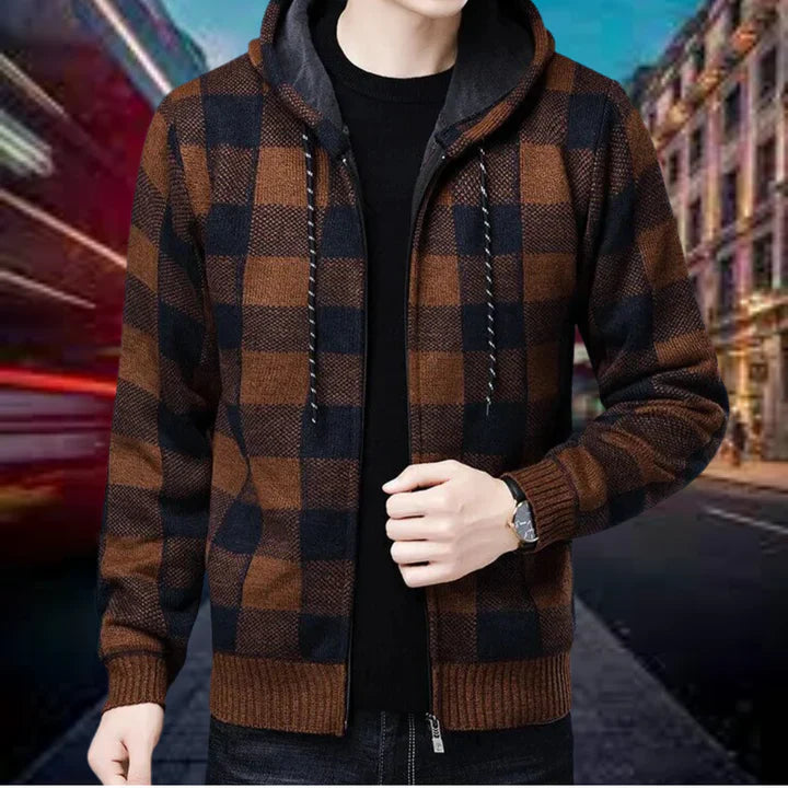 Garson - hochwertige strickjacke mit karierter kapuze