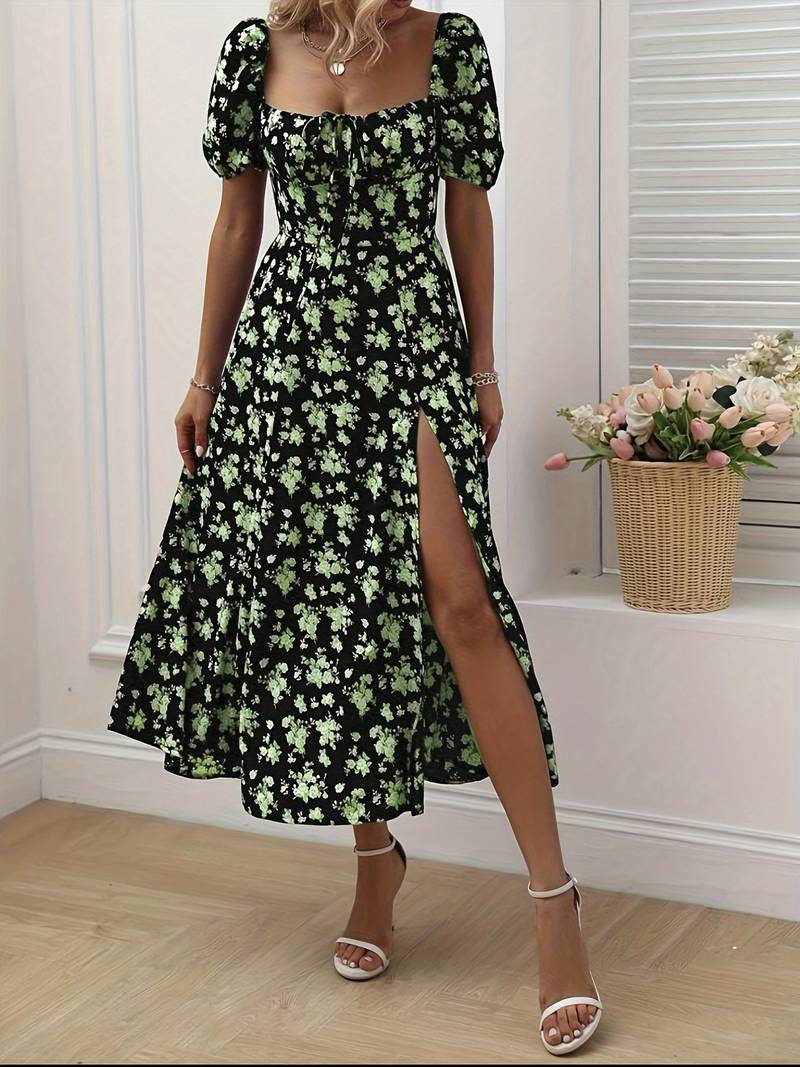 Ava – florales a-linien-kleid mit geteiltem saum für den frühling