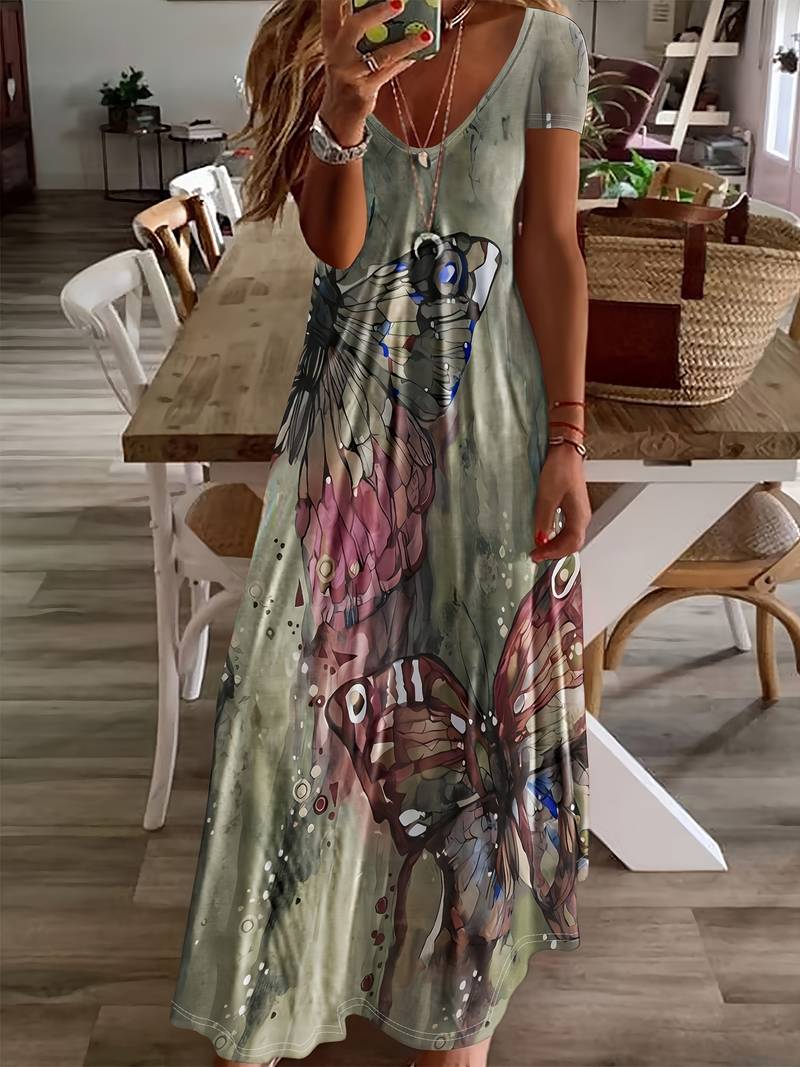 Grace – kleid mit v-ausschnitt und schmetterlingsdruck für frühling und sommer