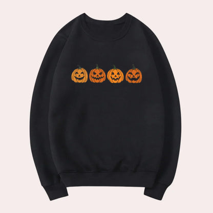 Afra – halloween-pullover mit rundhalsausschnitt und kürbismotiv für damen