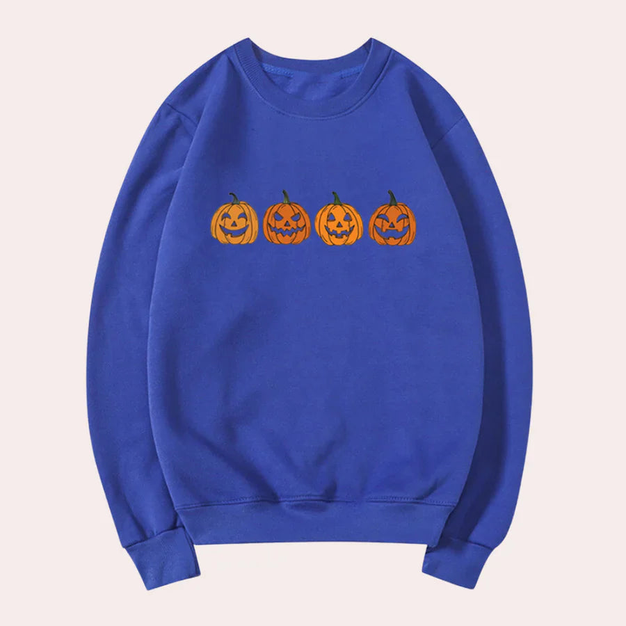 Afra – halloween-pullover mit rundhalsausschnitt und kürbismotiv für damen