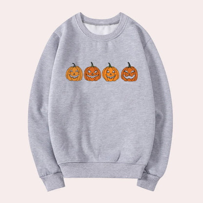 Afra – halloween-pullover mit rundhalsausschnitt und kürbismotiv für damen