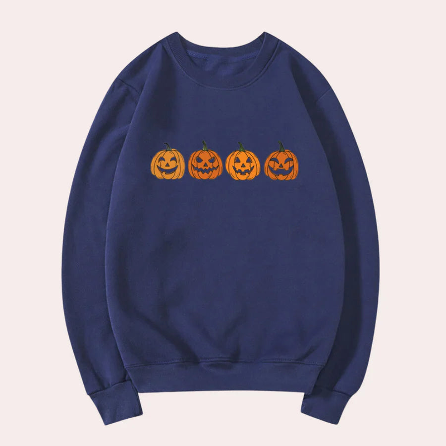 Afra – halloween-pullover mit rundhalsausschnitt und kürbismotiv für damen