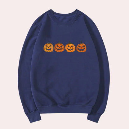 Afra – halloween-pullover mit rundhalsausschnitt und kürbismotiv für damen