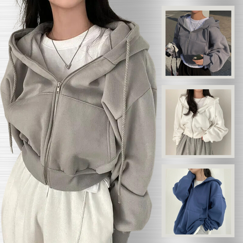 Essential Cropped Hoodie | Übergroßer Kapuzenpullover mit Reißverschluss für Frauen-Leyna Moda