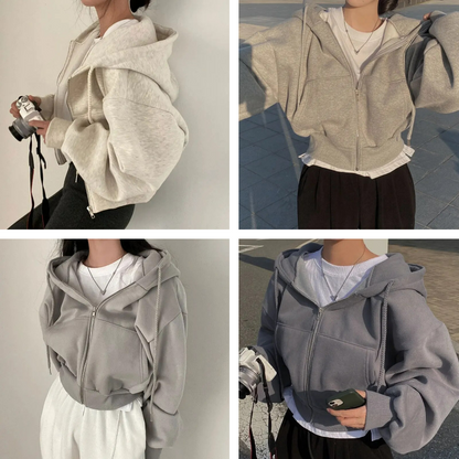 Essential Cropped Hoodie | Übergroßer Kapuzenpullover mit Reißverschluss für Frauen-Leyna Moda