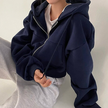 Essential Cropped Hoodie | Übergroßer Kapuzenpullover mit Reißverschluss für Frauen-Leyna Moda