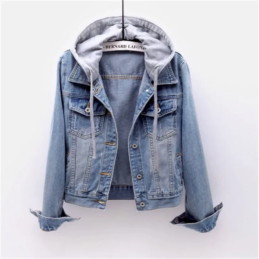 Denim damen jacke mit abnehmbarer kapuze