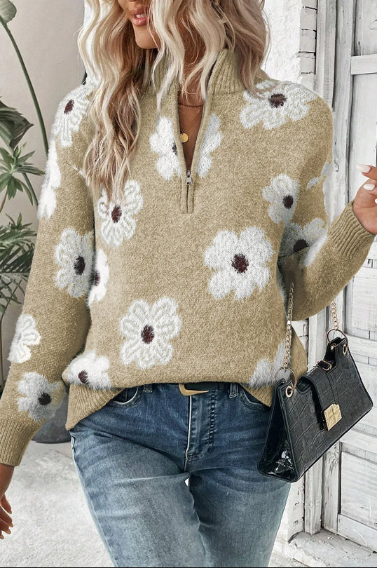 Margaret| pullover mit blumenmuster und halbem reißverschluss