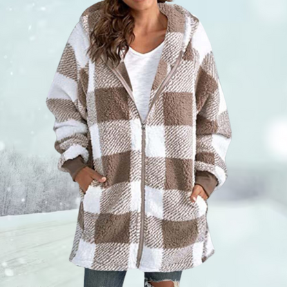 Wintermantel - Kapuze - Kariert - Fleecejacke - Damenjacke-Leyna Moda